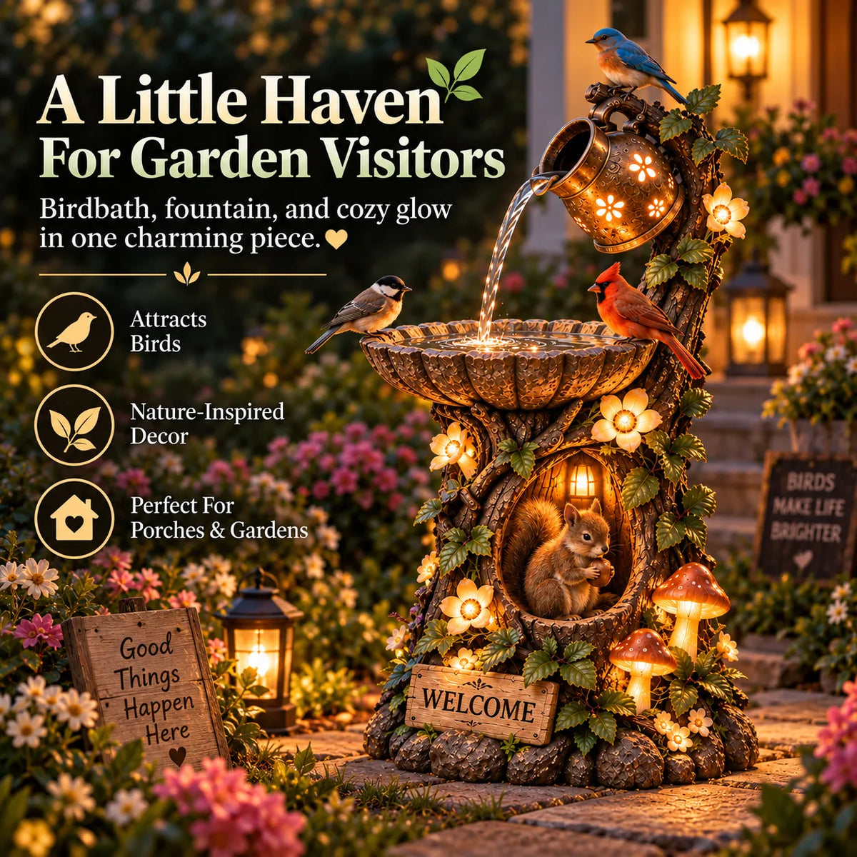 Solar Birdbath Fountain Garden Decor -A Cozy Wildlife Haven for Your Yard