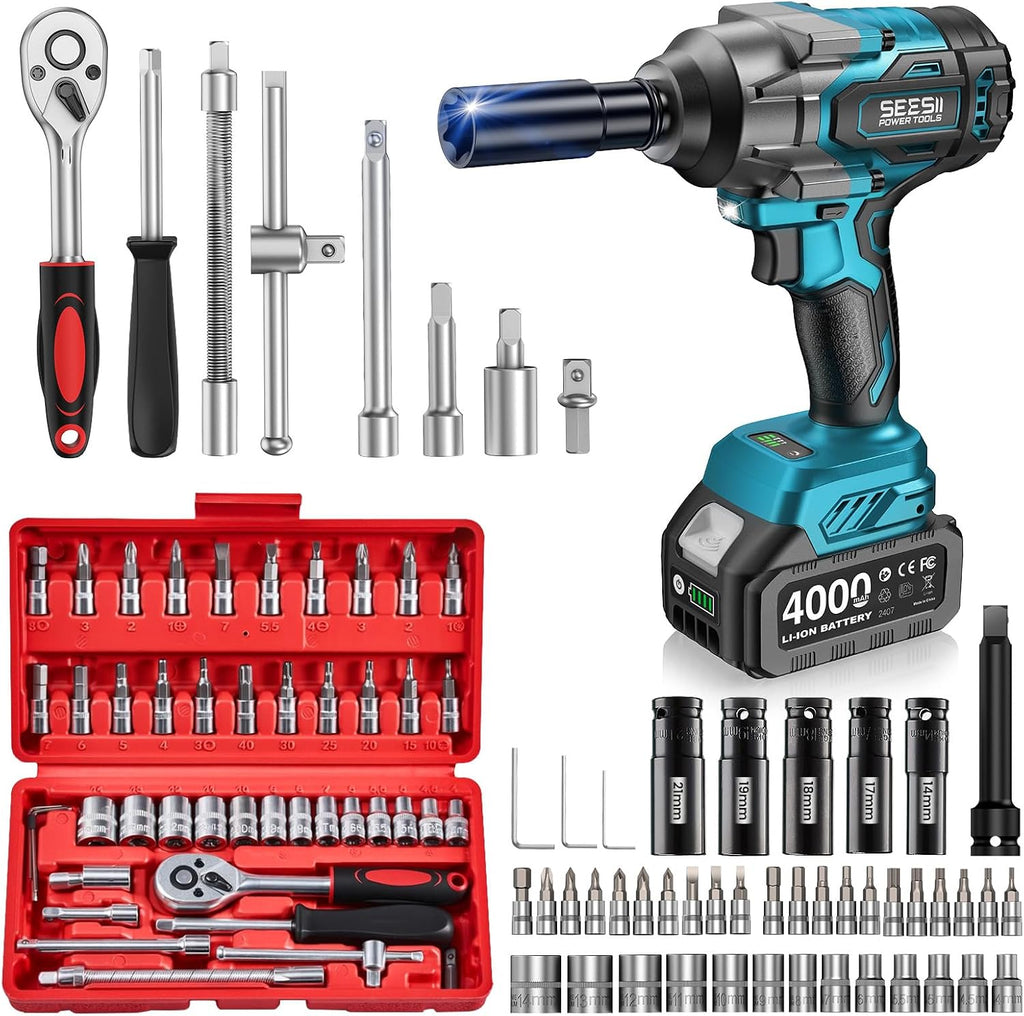 🔧 1000N·m Heavy-Duty Cordless Impact Wrench Kit – 46-Piece Socket Set