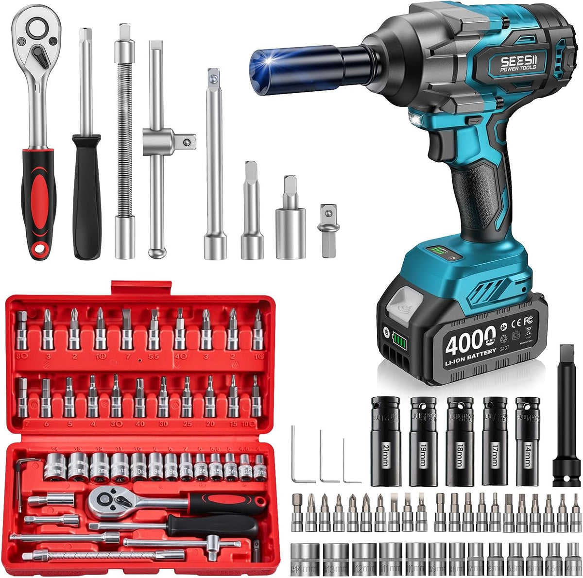 🔧 1000N·m Heavy-Duty Cordless Impact Wrench Kit – 46-Piece Socket Set