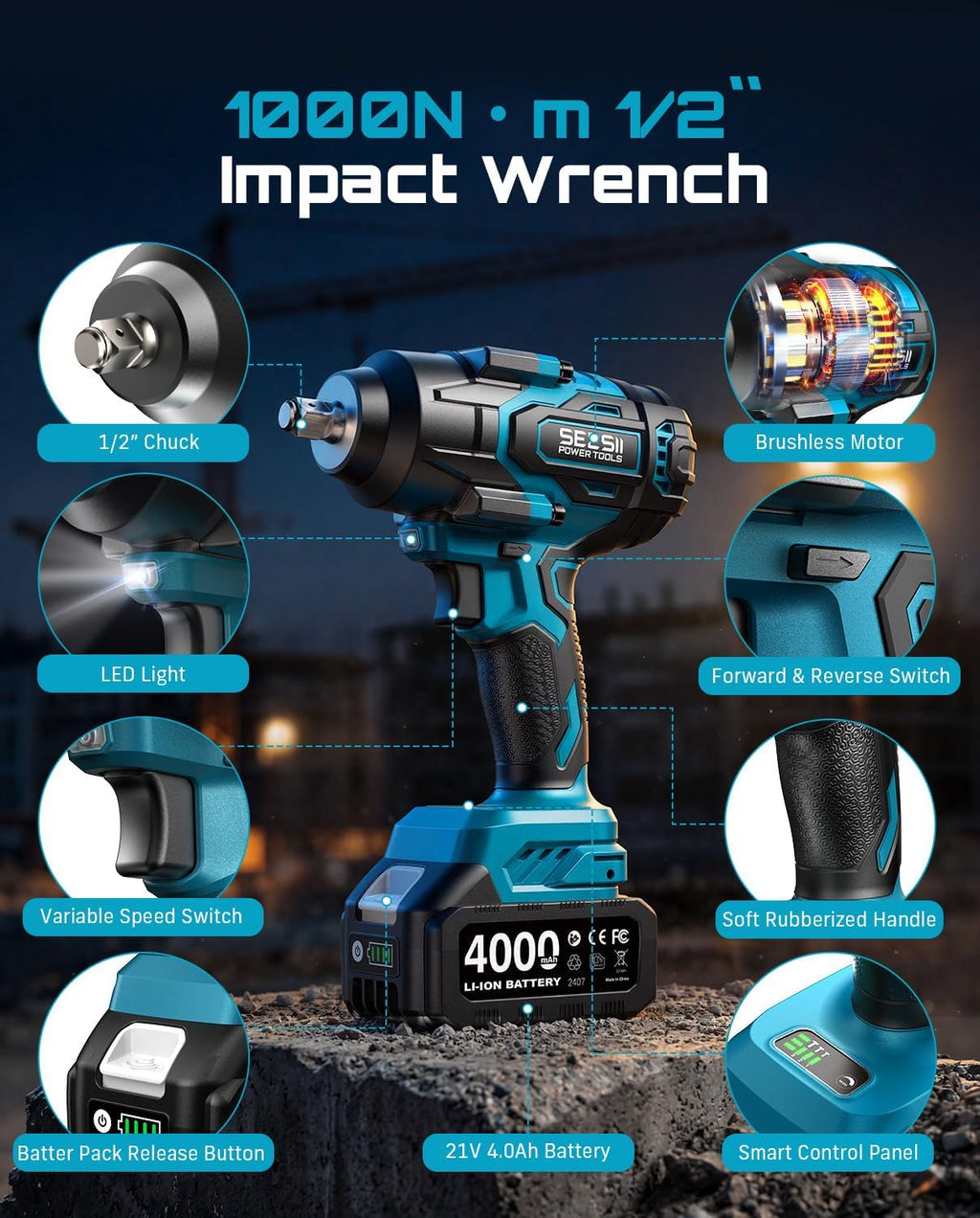 🔧 1000N·m Heavy-Duty Cordless Impact Wrench Kit – 46-Piece Socket Set