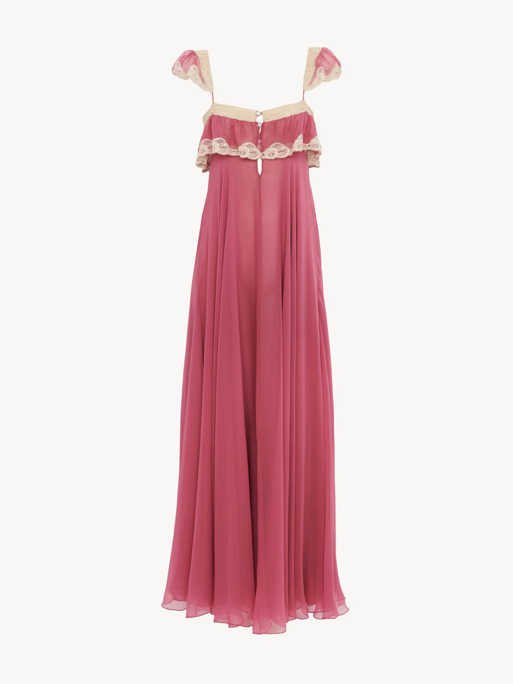 Fluid long dress in silk mousseline & lace