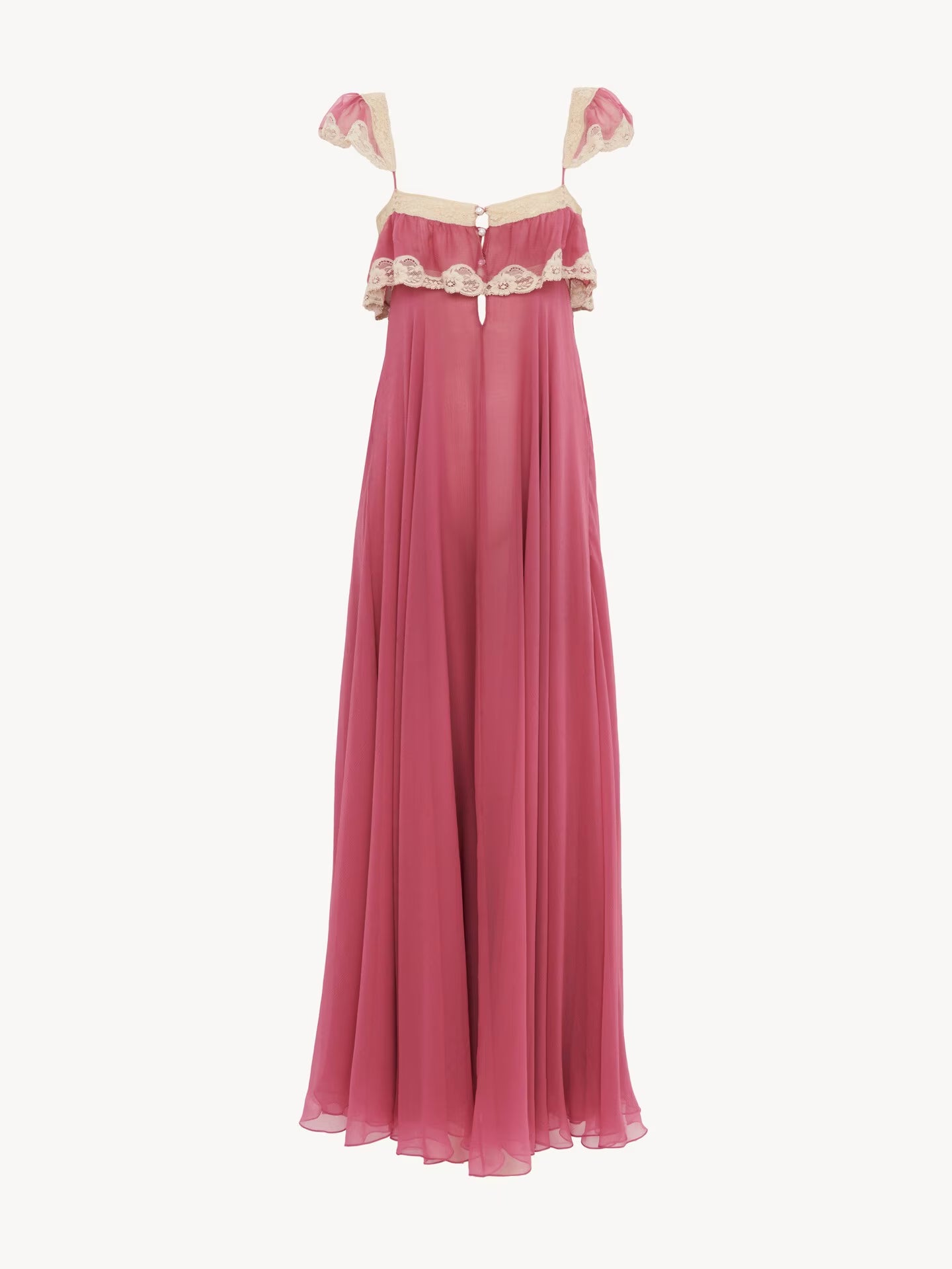 Fluid long dress in silk mousseline & lace