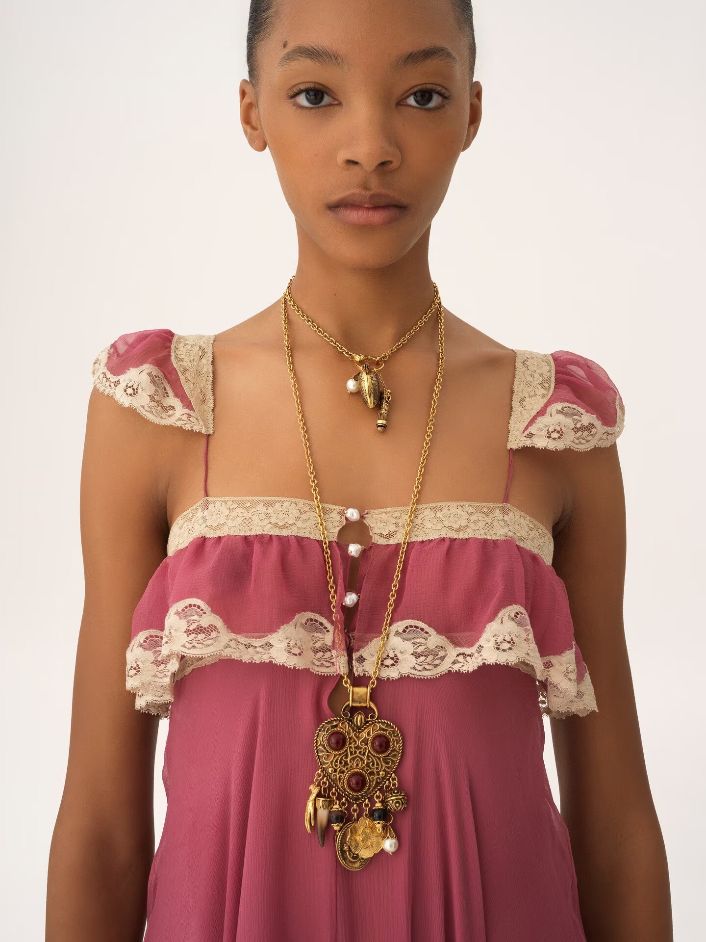 Fluid long dress in silk mousseline & lace
