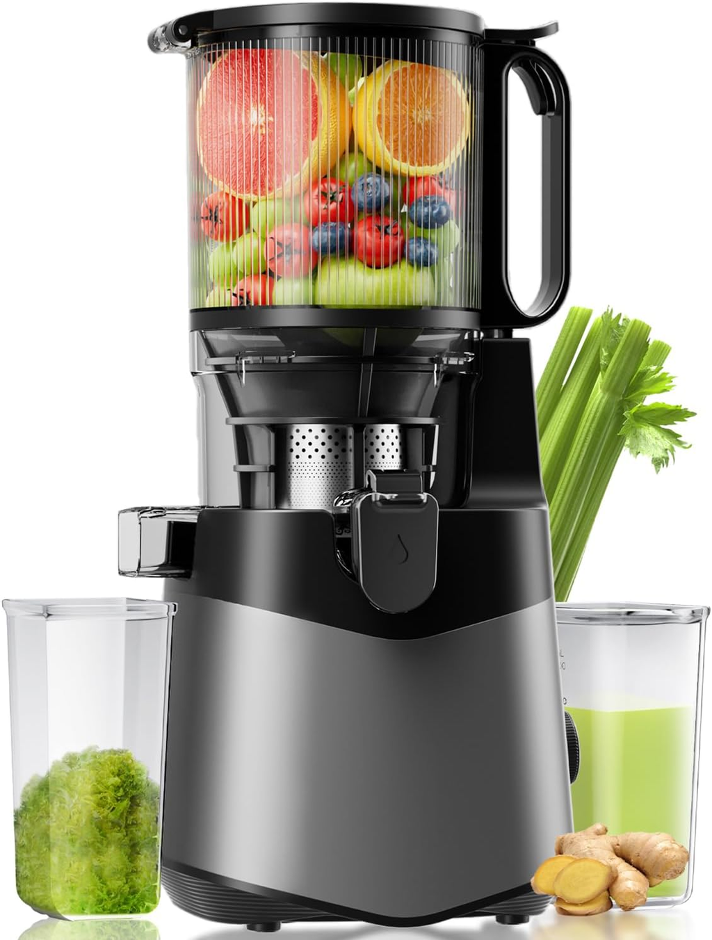 Cold Press Juicer, 5.8" Wide Feed Chute Juice Extractor Machine with 400W, High Juice Yield, Slow Masticating Juicer for Whole Vegetables & Fruits, Dark Grey