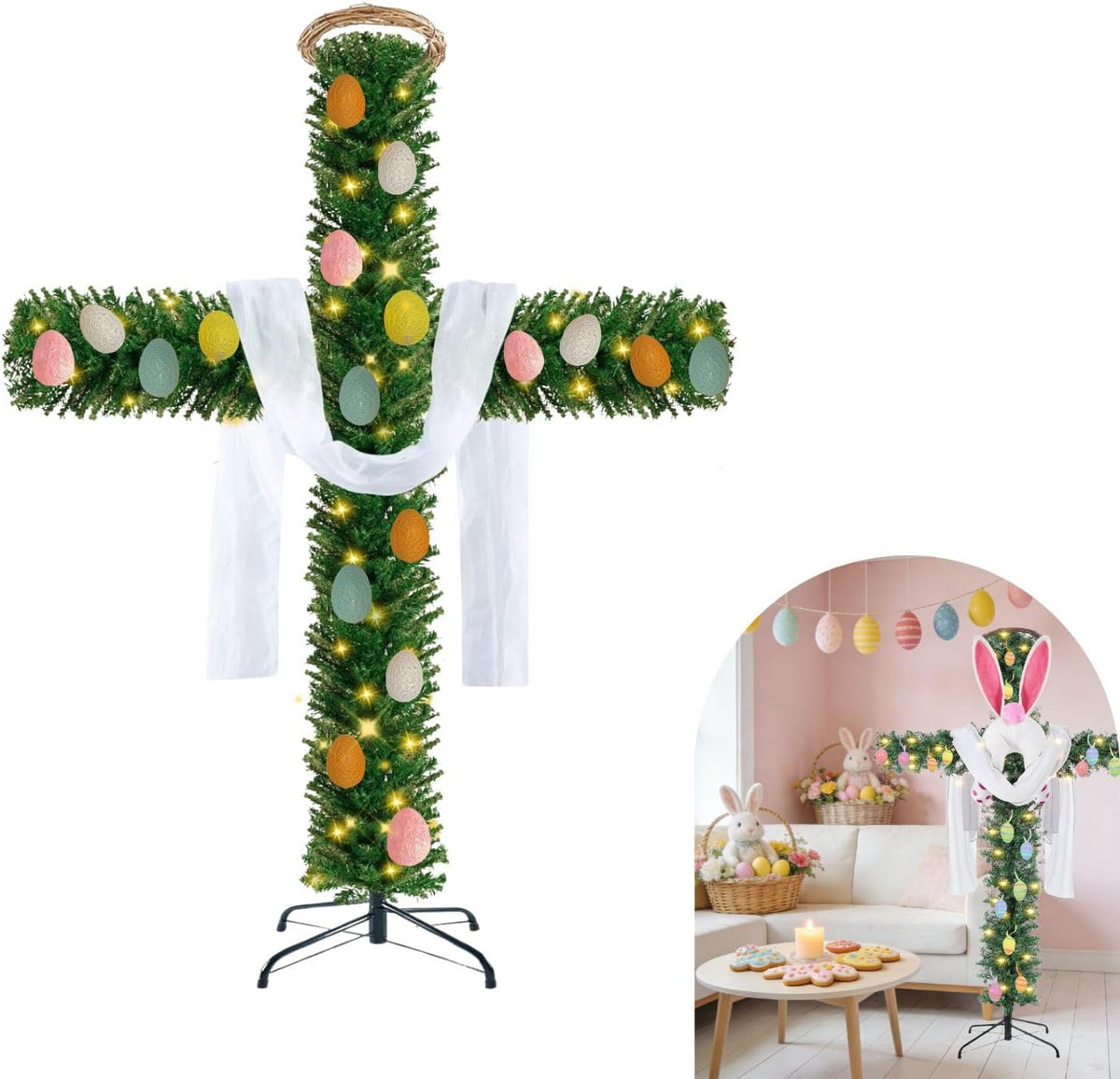 Large 6ft Cross Christmas Tree with Lights,Included White Silk Scarf & Crown of Thorns Jesus Christian Ornaments for Christmas Easter Outdoor Home Decor