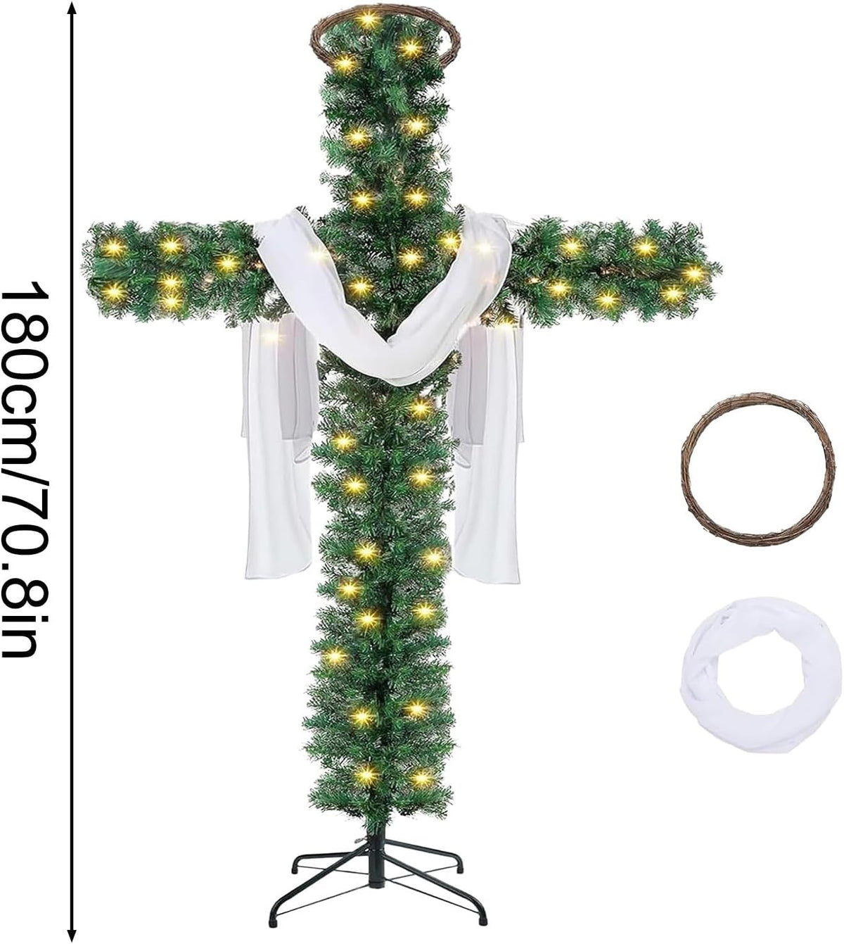 Large 6ft Cross Christmas Tree with Lights,Included White Silk Scarf & Crown of Thorns Jesus Christian Ornaments for Christmas Easter Outdoor Home Decor