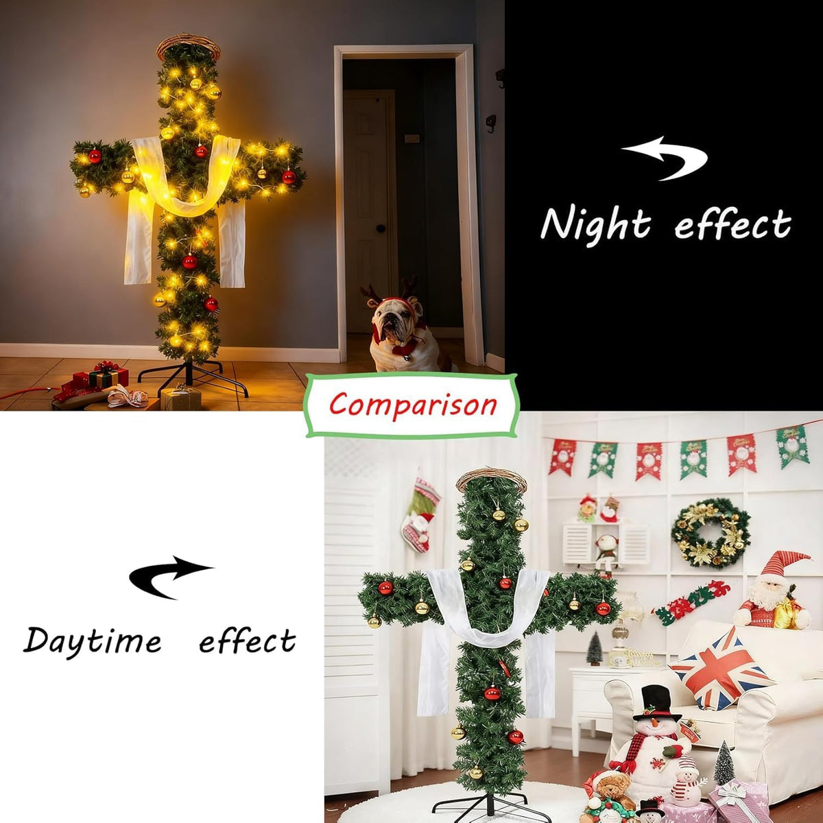 Large 6ft Cross Christmas Tree with Lights,Included White Silk Scarf & Crown of Thorns Jesus Christian Ornaments for Christmas Easter Outdoor Home Decor