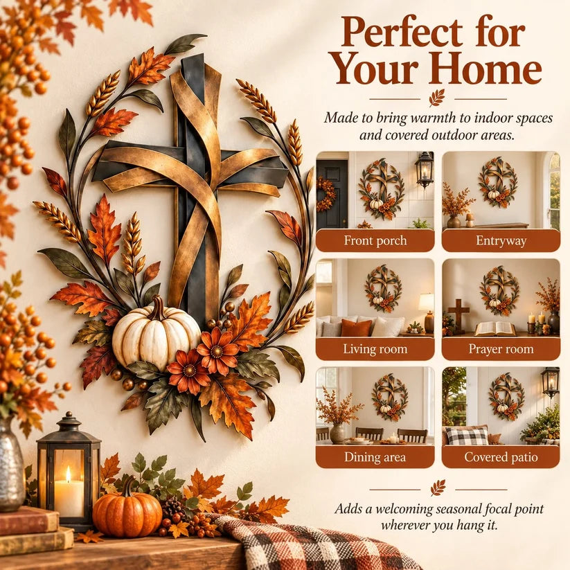 ✝️🍂 Autumn Cross & Pumpkin Harvest Metal Wall Decor