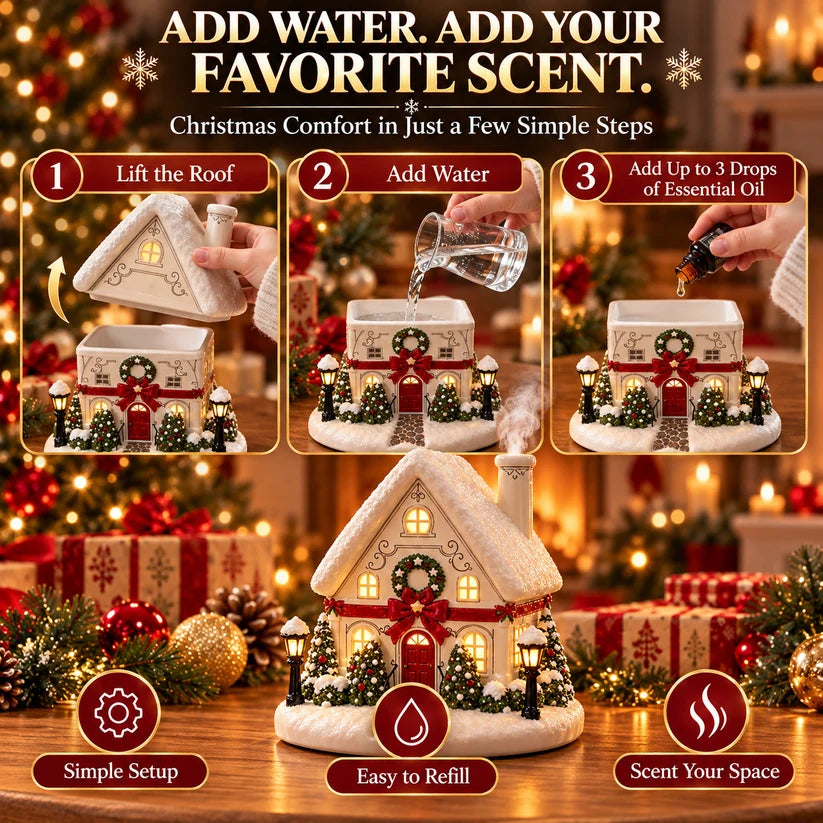 🎄Hot Sale 🔥 Christmas Village Aroma Diffuser – Light-Up Ceramic House with Chimney Mist🏡✨