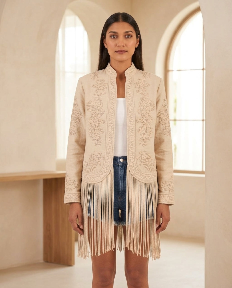 Beige Polished Floral Embroidered Jacket