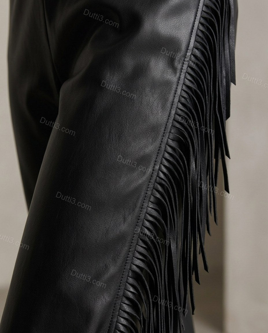 Black Polished Fringe Pants