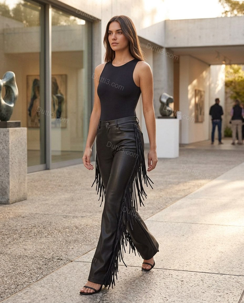 Black Polished Fringe Pants