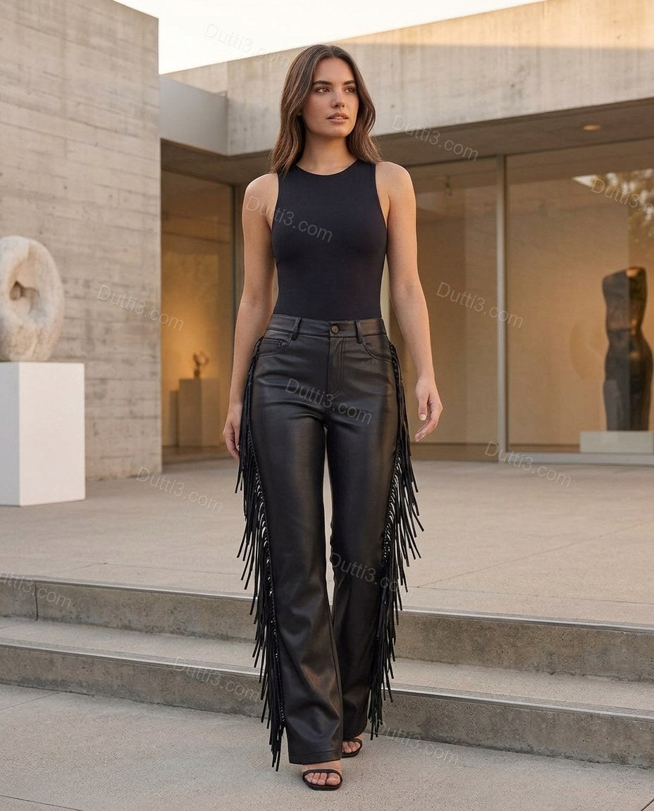 Black Polished Fringe Pants