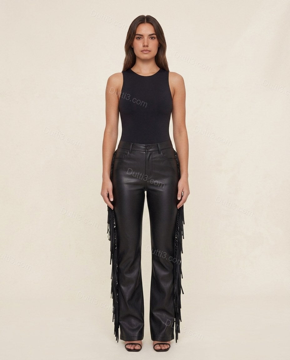 Black Polished Fringe Pants
