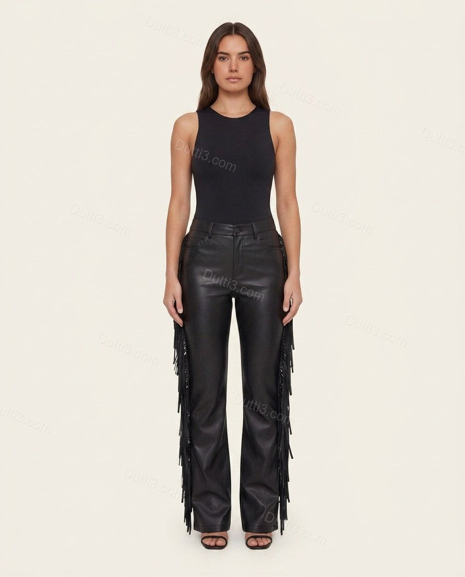 Black Polished Fringe Pants
