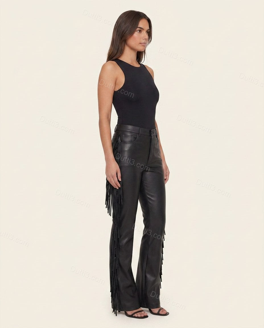 Black Polished Fringe Pants