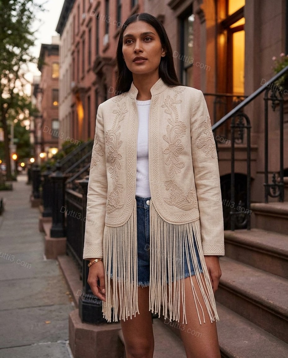 Beige Polished Floral Embroidered Jacket