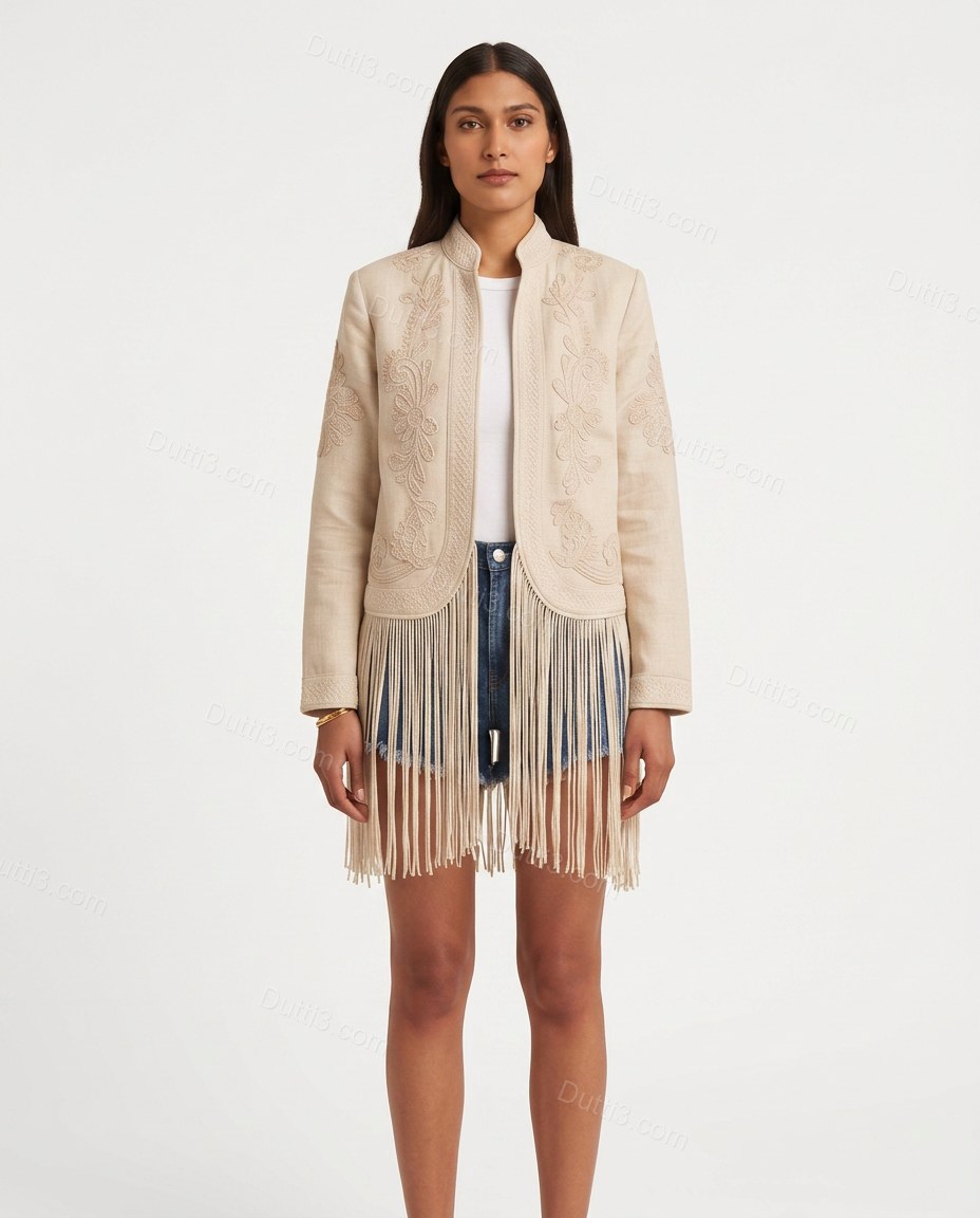 Beige Polished Floral Embroidered Jacket