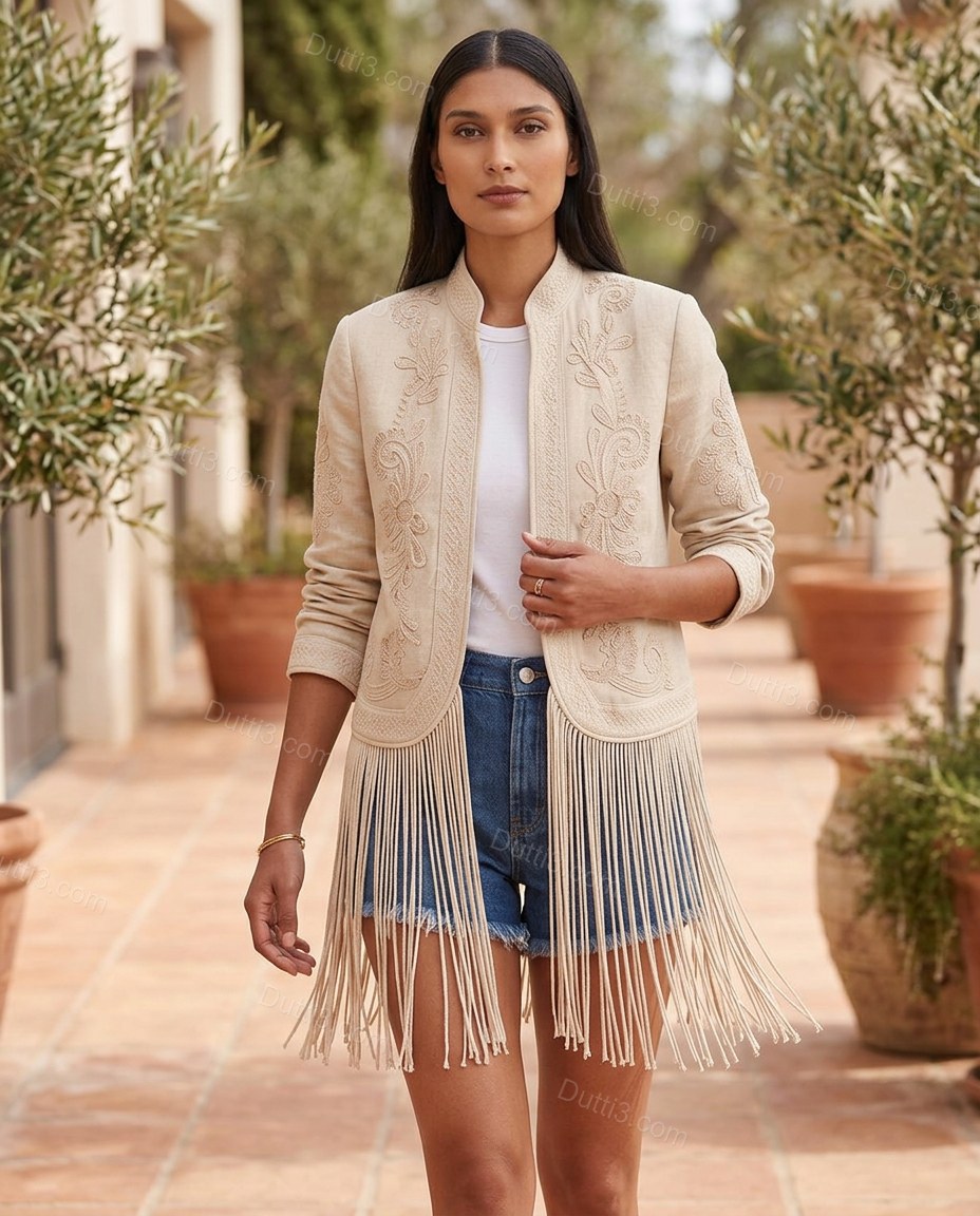 Beige Polished Floral Embroidered Jacket