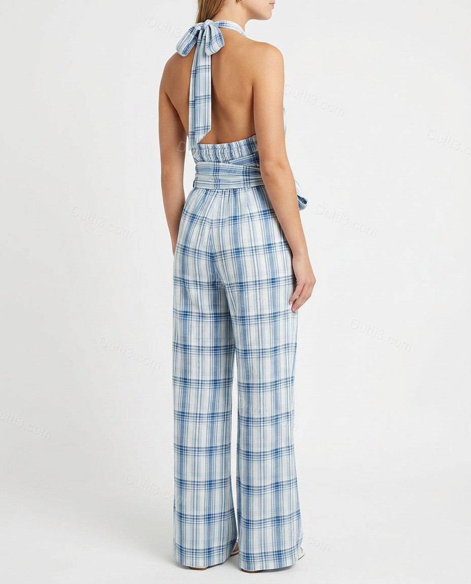 White Polished Textured Halter Jumpsuit