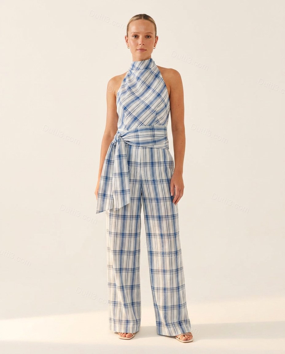 White Polished Textured Halter Jumpsuit