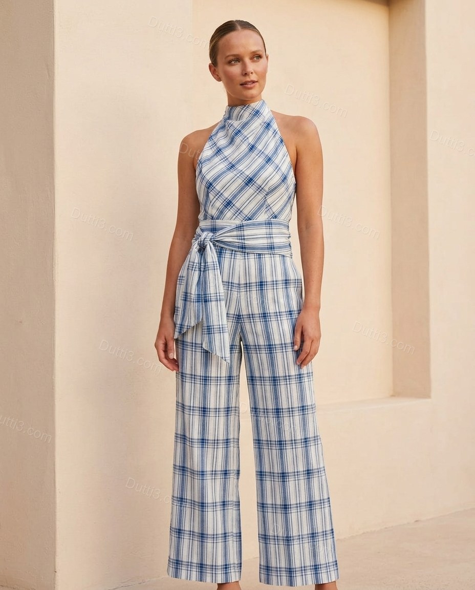 White Polished Textured Halter Jumpsuit
