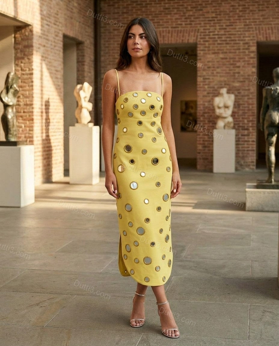 Yellow Sleek Textured Midi Dress