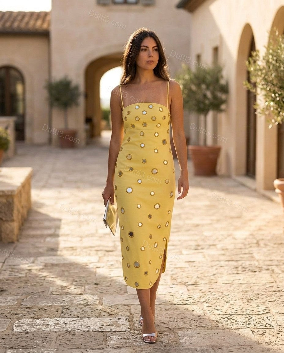 Yellow Sleek Textured Midi Dress