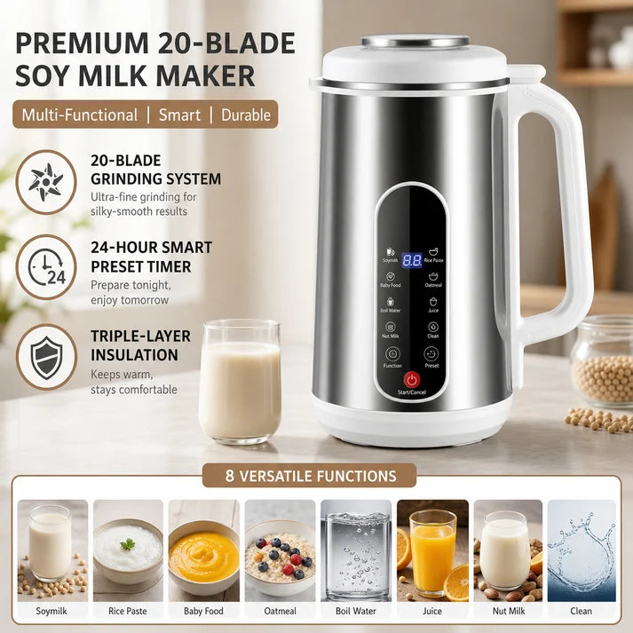 ⏳Time-Limited Special⏰Multi-Functional 304 Stainless Steel Soy Milk Maker and High- Blender Large Capacity Filter-Free Household Food Processor with Smart Timer