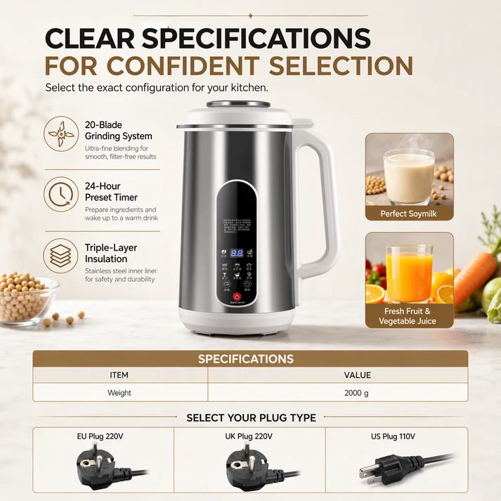 ⏳Time-Limited Special⏰Multi-Functional 304 Stainless Steel Soy Milk Maker and High- Blender Large Capacity Filter-Free Household Food Processor with Smart Timer