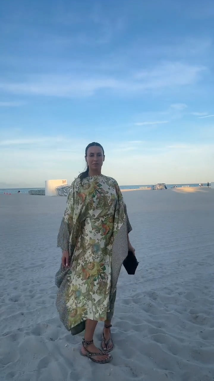Breezy Floral & Stripe Paneled A-Line Linen Maxi Dress